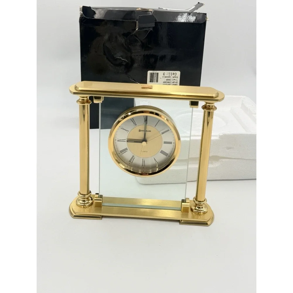 Vintage 90s Benchmark PageNet Glass Pillar Quartz Desk Clock Gold Tone Working